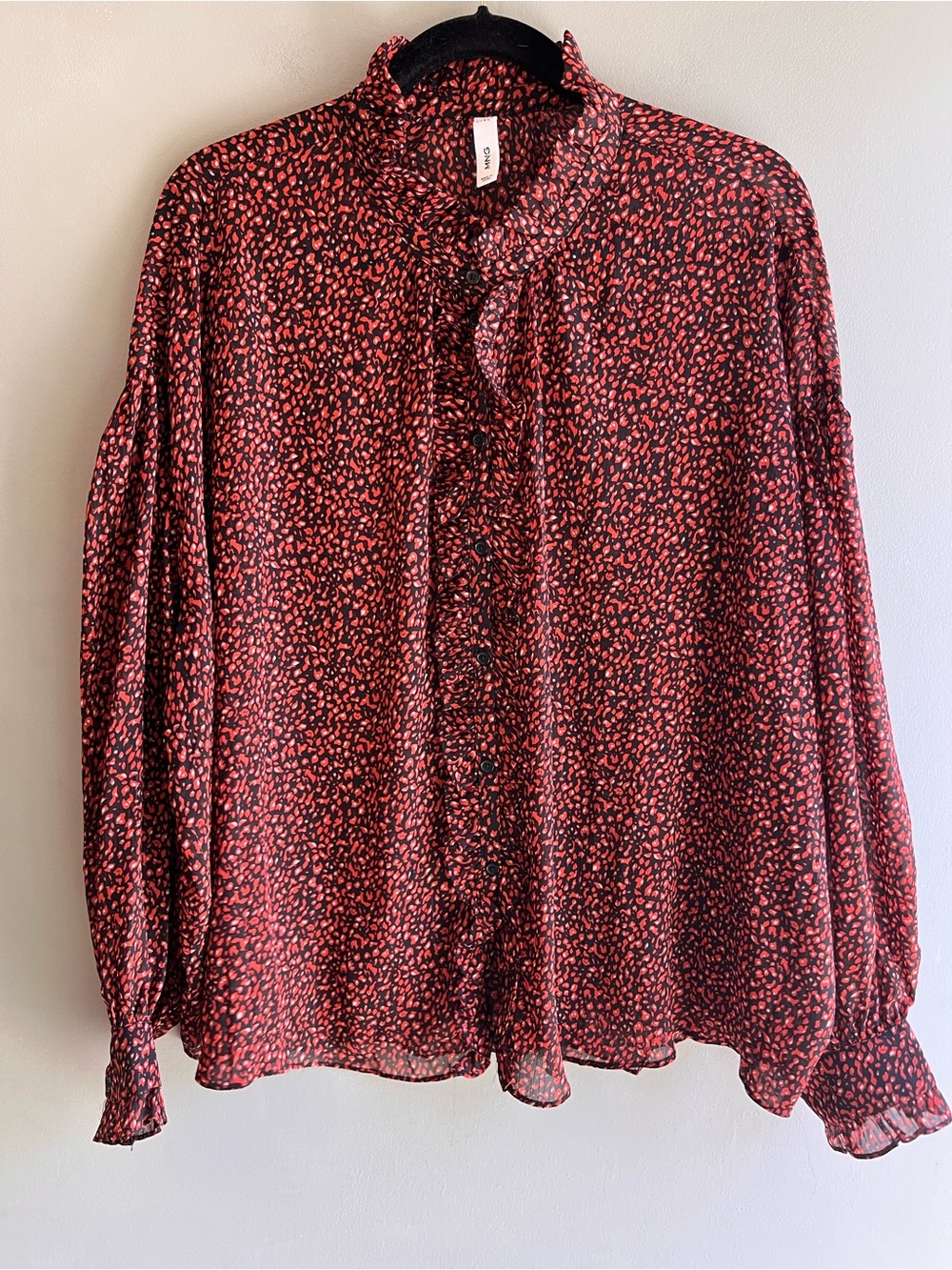 Mango Red Printed Ruffle Neck Blouse Size 10